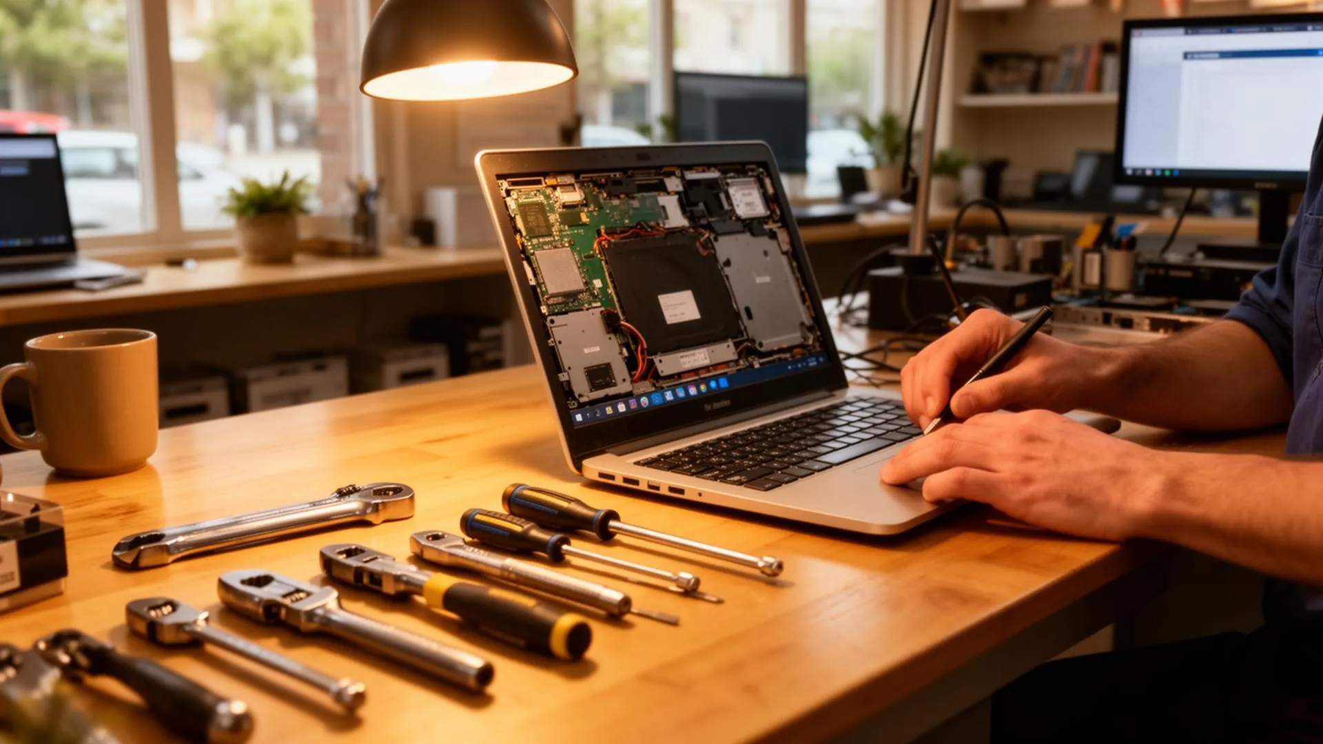Technician repairing a laptop at Mona Vale Computers